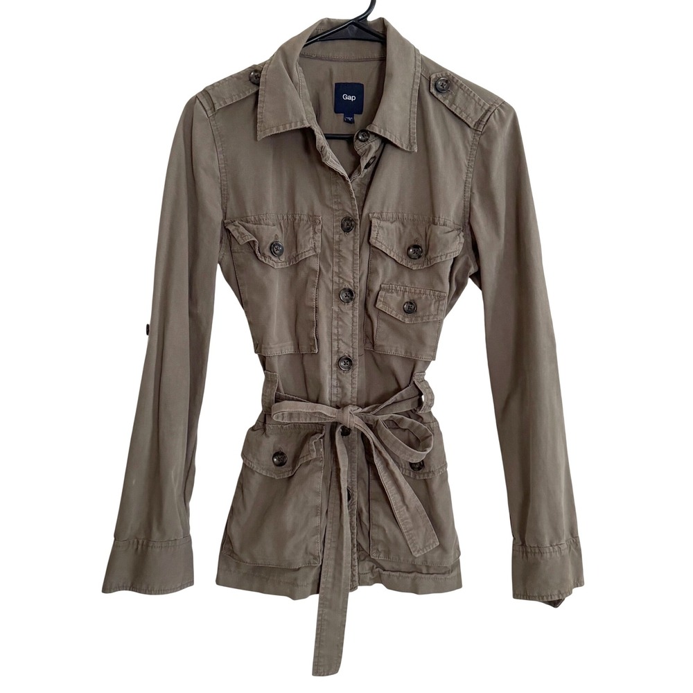 Gap 2000s Y2K Jacket‎ Size Small Olive Green Belted Military Utility Style